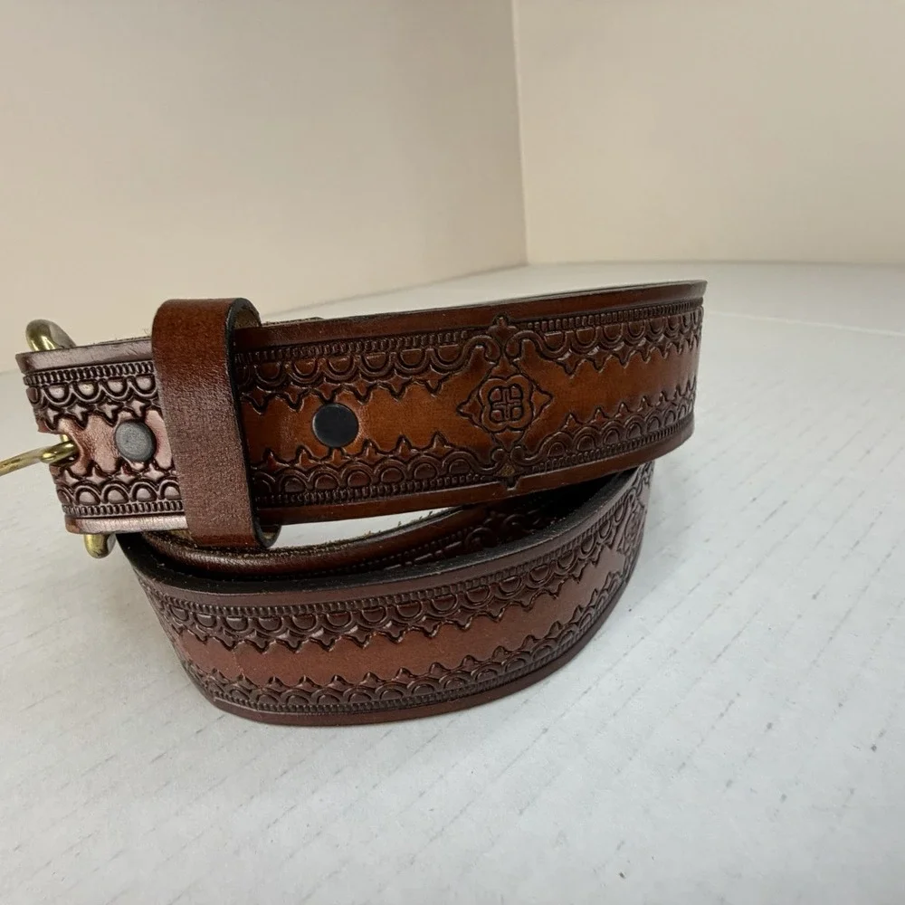 Western Cowboy Brown Leather Men's Belt Decorative Tooled Full Grain, Brass 47